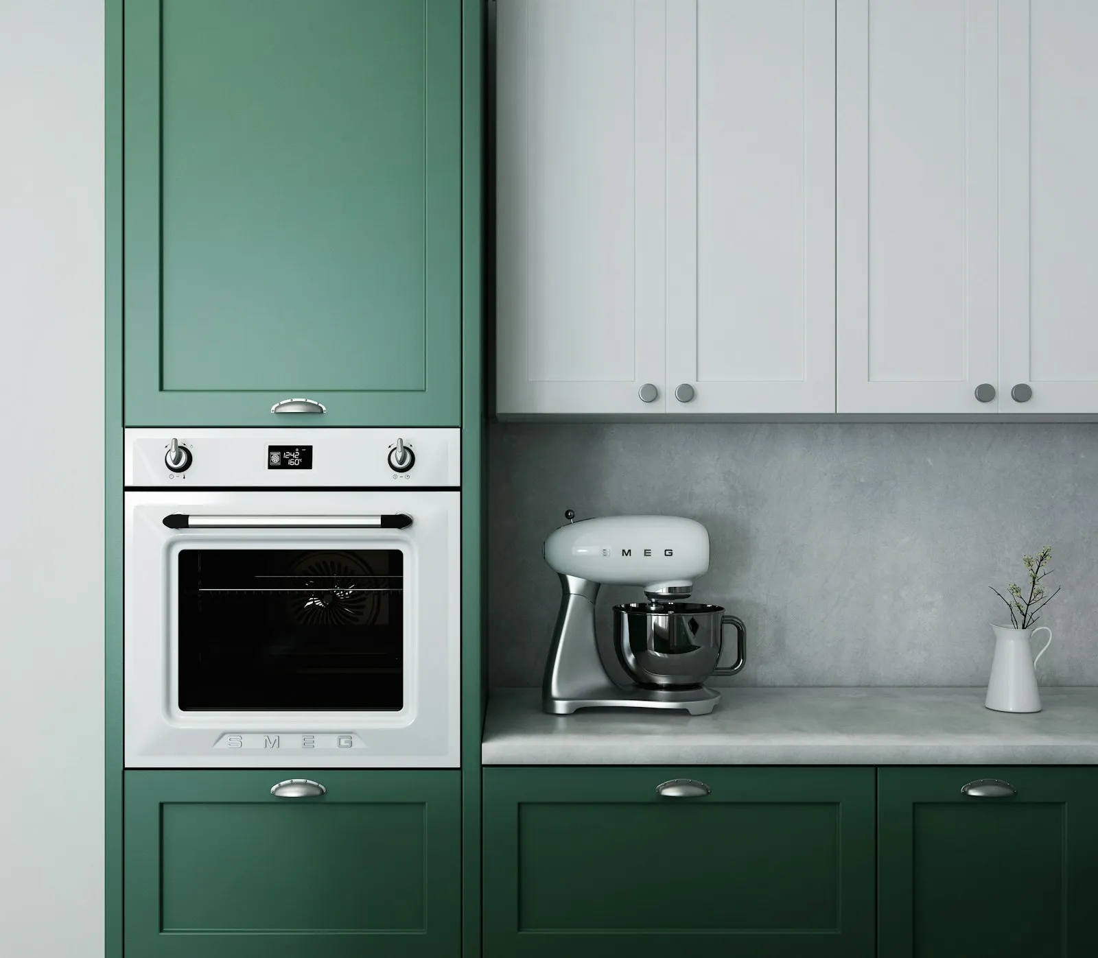 Kitchen cabinets refinished in a deep forest green with a factory-smooth finish